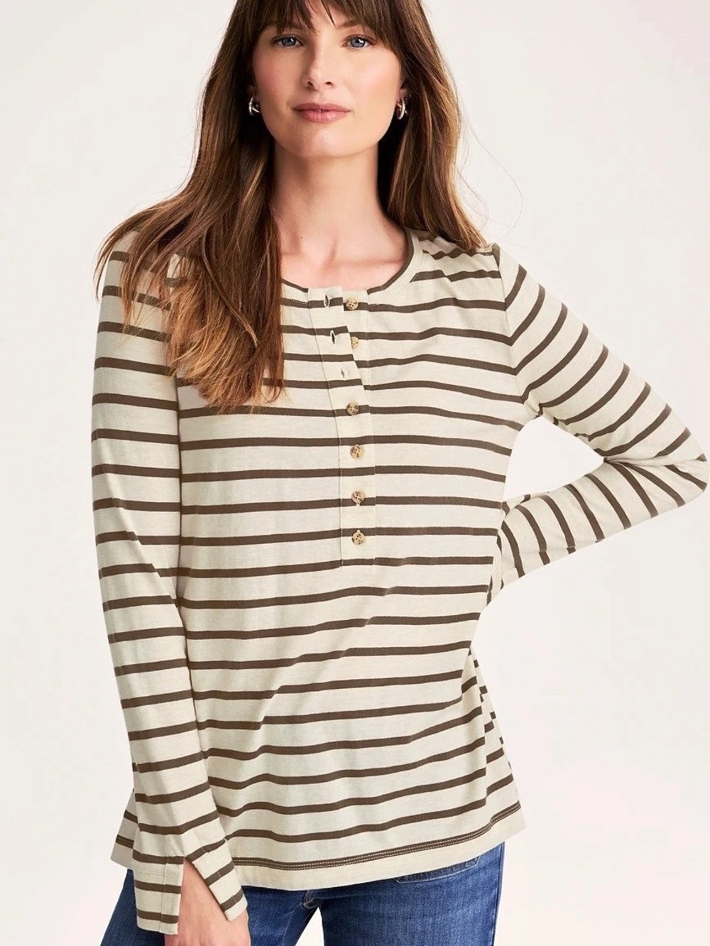 J. JILL Modern Henley Tee Striped Long Sleeve Top in Oatmeal and Taupe Brown